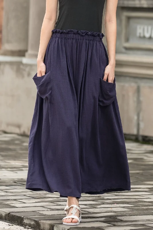 Women's Causal Blue Plus Size Linen Long Skirt with Pockets 277501